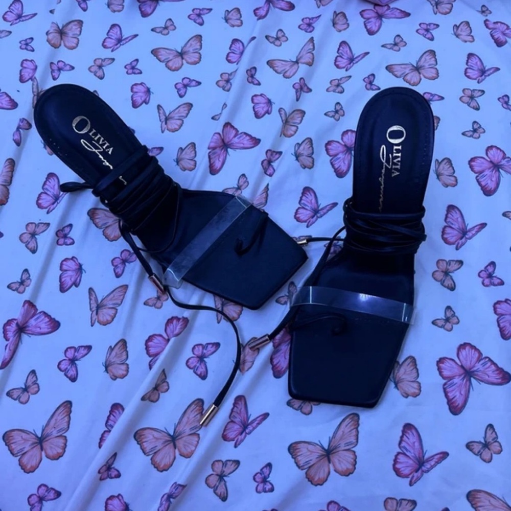 Olivia Rae Black and Clear Strap Heels
